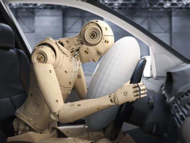 Crash test with 3d rendering dummy hit with air bag